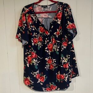 Elegant Floral V-Neck Blouse in Navy and Red